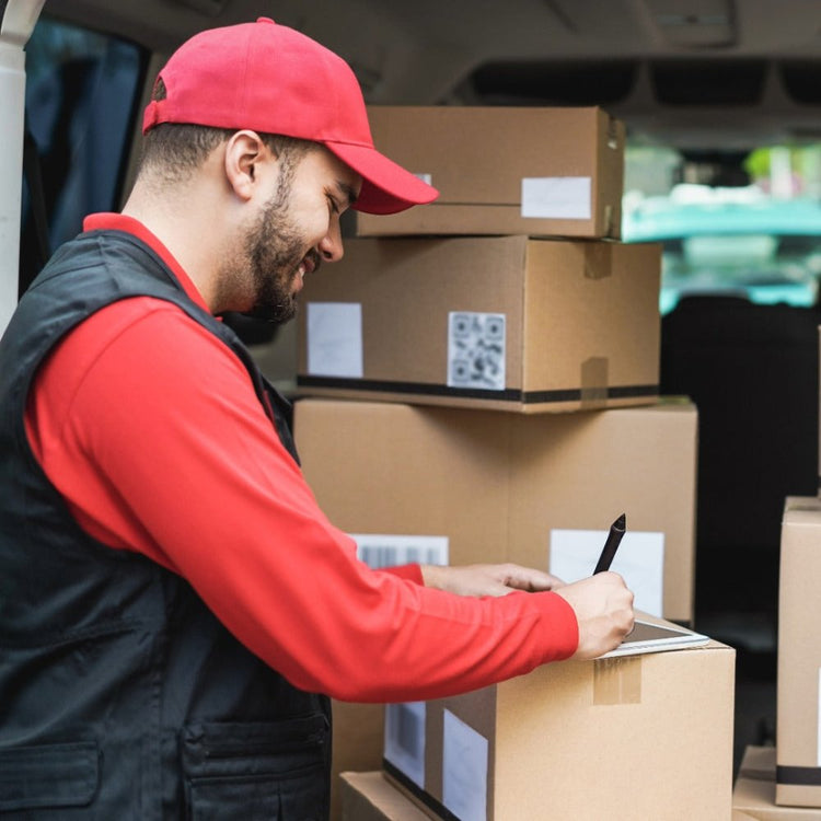 Delivery driver filling out shipment manifest
