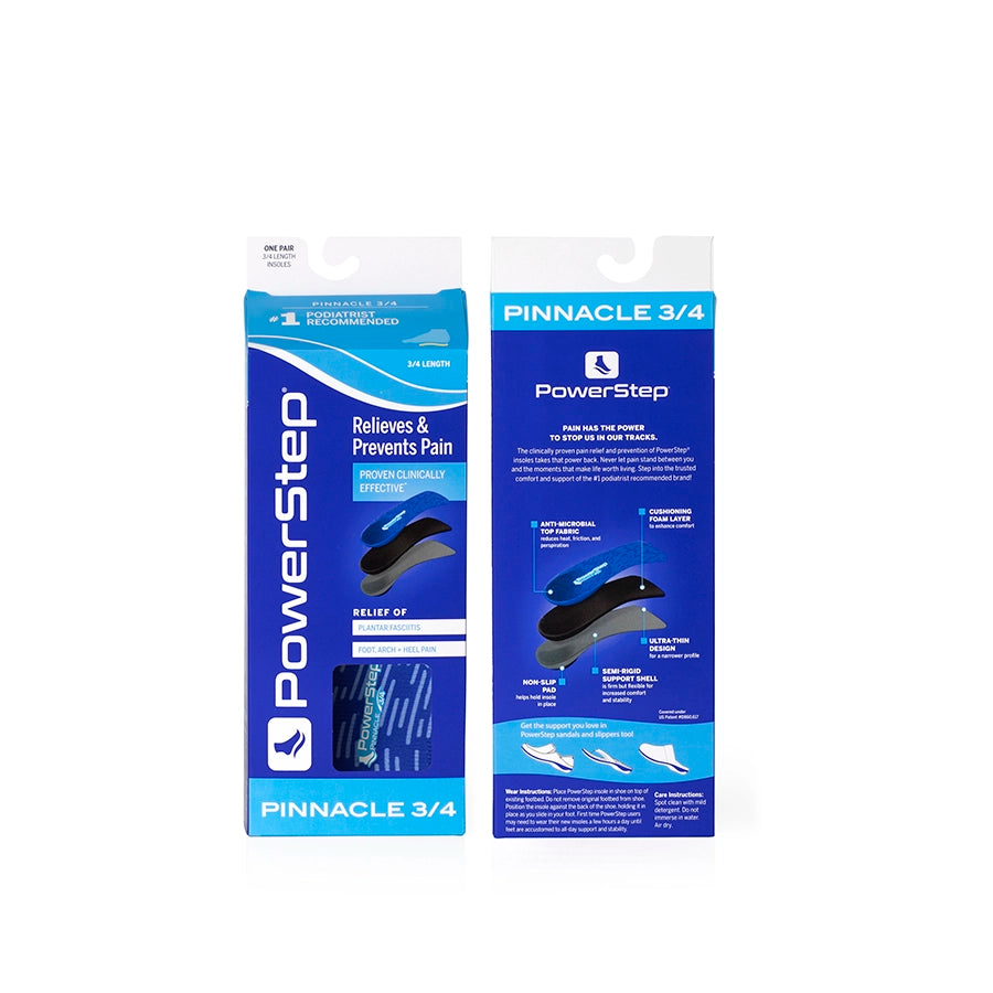 PowerStep Pinnacle 3/4-Length Insoles packaging front and back