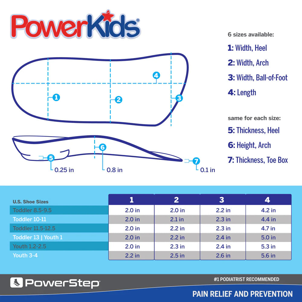 PowerStep Pinnacle Junior 3/4-Length Insoles sizing chart