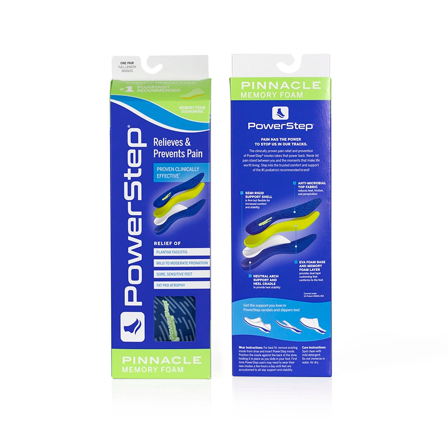 PowerStep Pinnacle Memory Foam Insoles packaging front and back