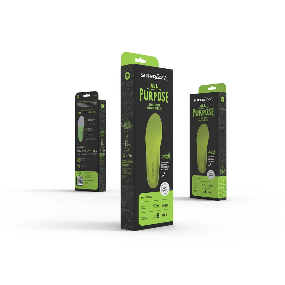 Superfeet Green All-Purpose Support High Arch Insoles packaging