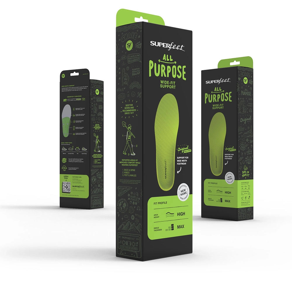 Superfeet wideGreen All-Purpose Wide-Fit Support Insoles packaging